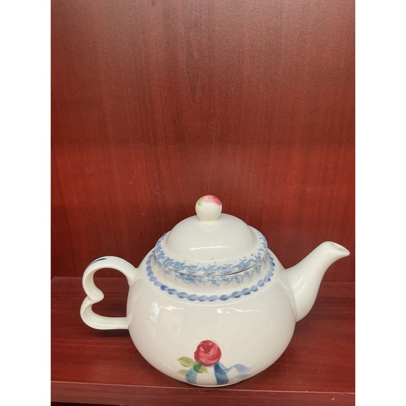 Tea For One Set Floral Rose Blue Ribbon Ceramic Stackable Teapot Cup Heart Hdle - Picture 4 of 9